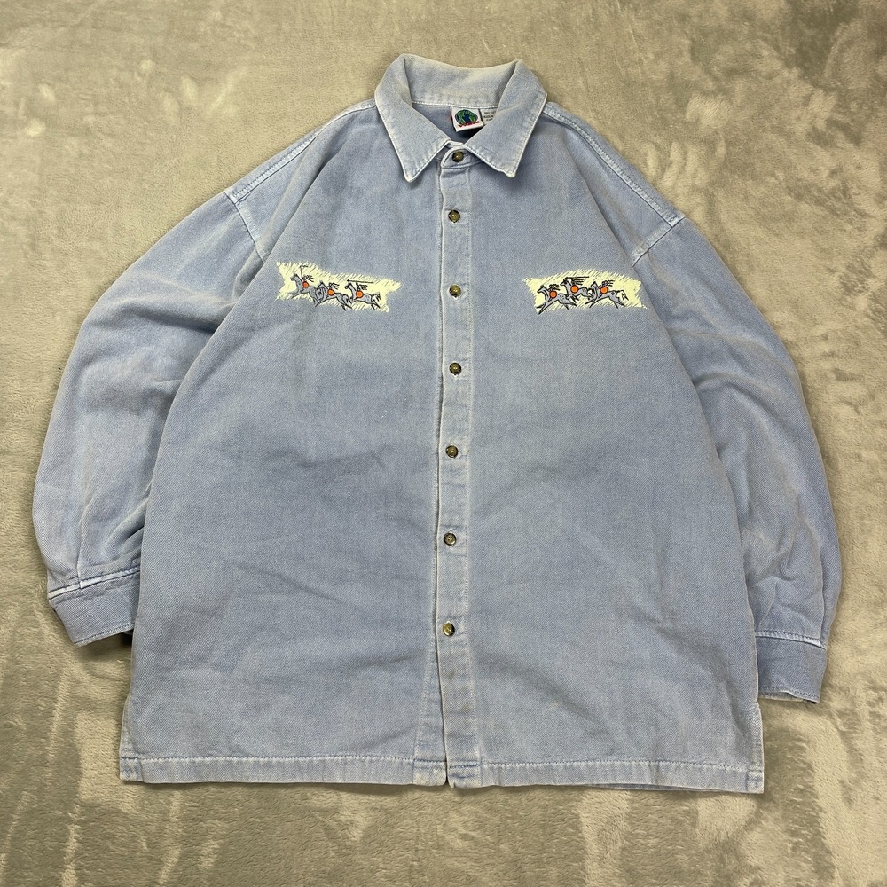 Vtg WEK Denim Shirt Mens S/M Blue Embroidered Horse Motifs Across Button-Up USA